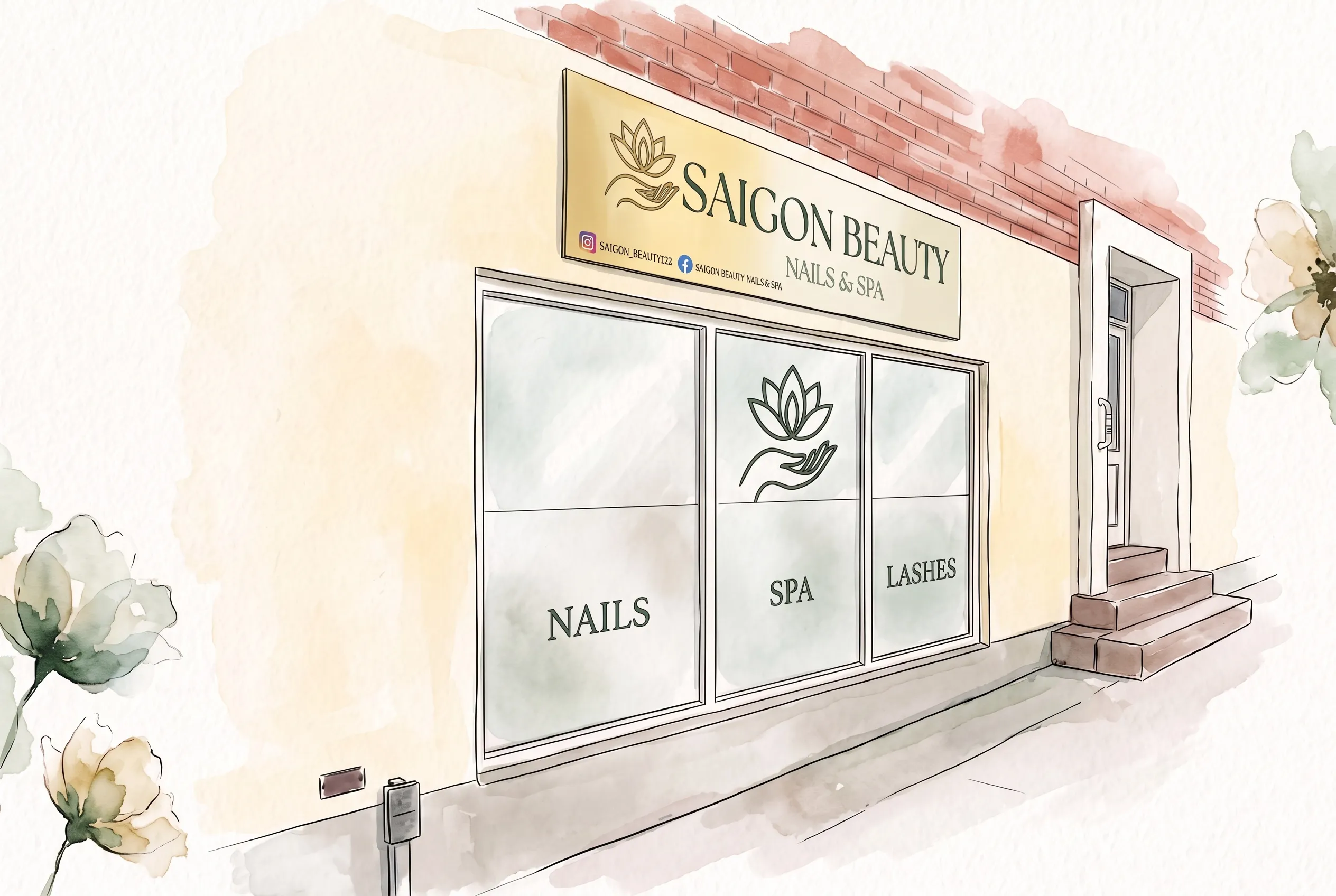 Tegnet illustration af facaden på Saigon Beauty Nails & Spa