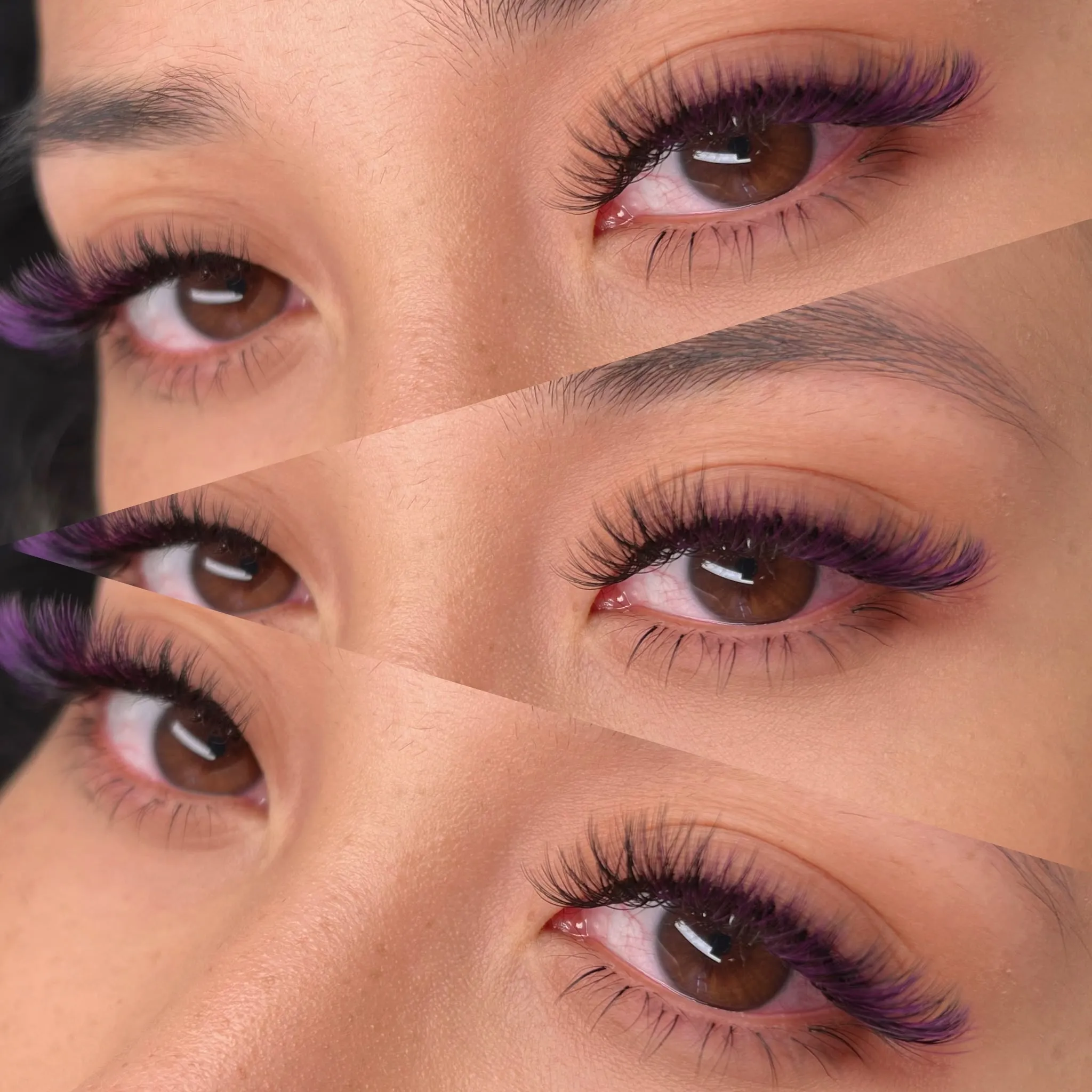 Vippeextensions i volumenteknik med violette spidser